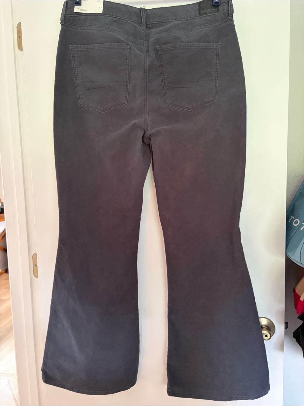 NEW American Eagle Super Hi Rise Flare Exposed Button Fly Gray Corduroy Jeans - Picture 2 of 5